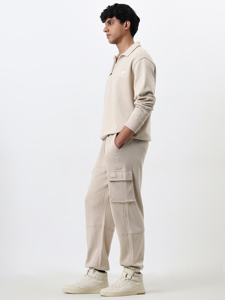 Studiofit Beige Relaxed Fit Mid-Rise Track Pants