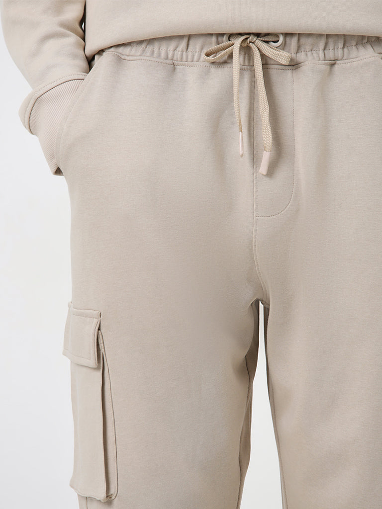 Studiofit Beige Relaxed Fit Mid-Rise Track Pants