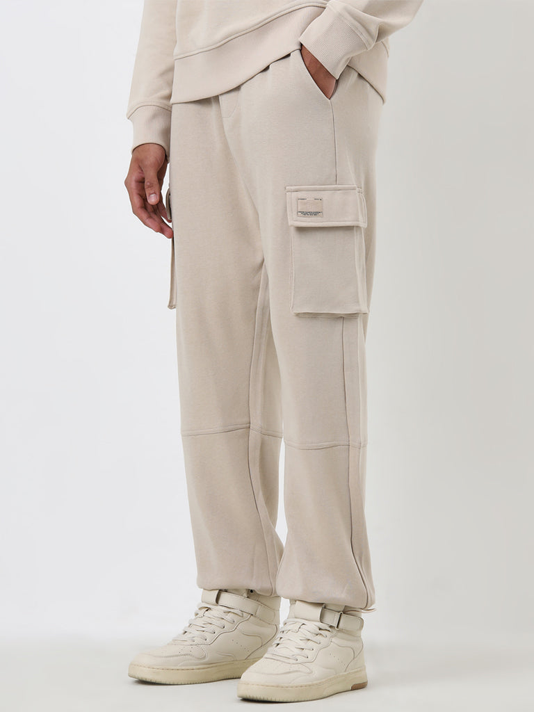 Studiofit Beige Relaxed Fit Mid-Rise Track Pants