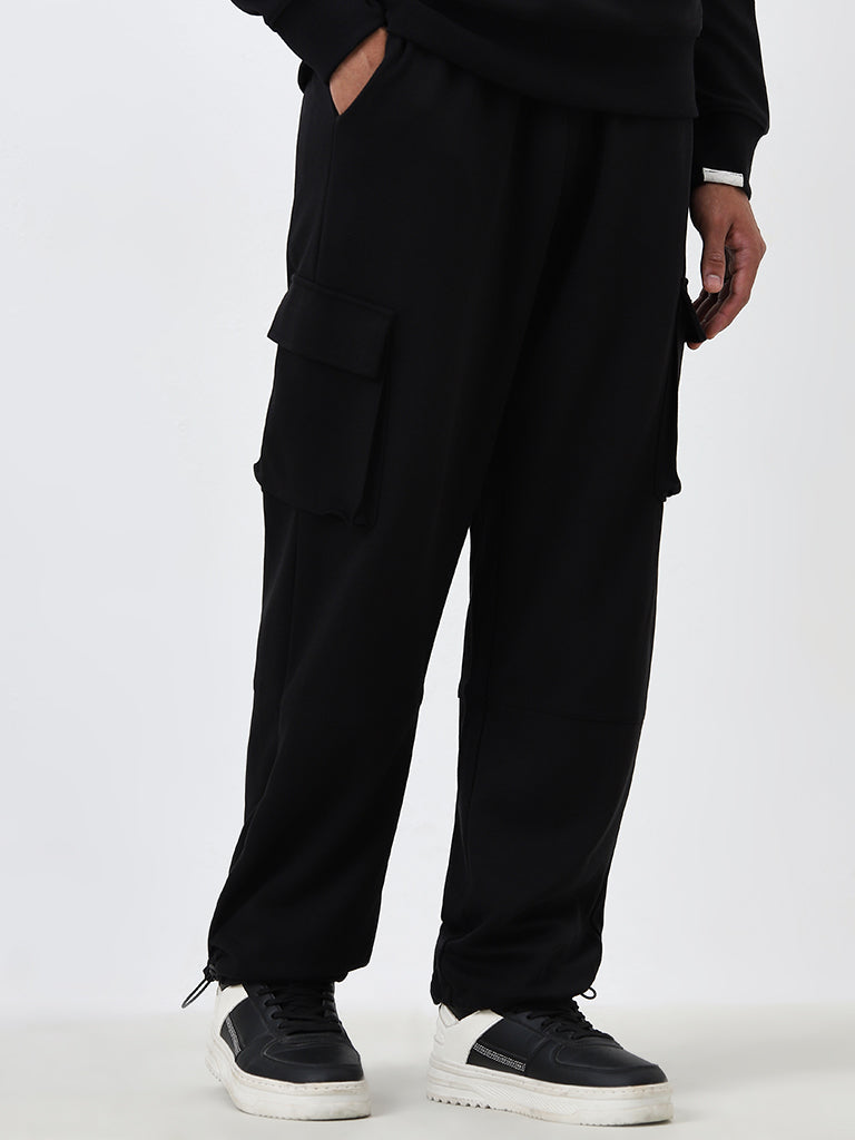 Studiofit Black Relaxed-Fit Mid-Rise Track Pants