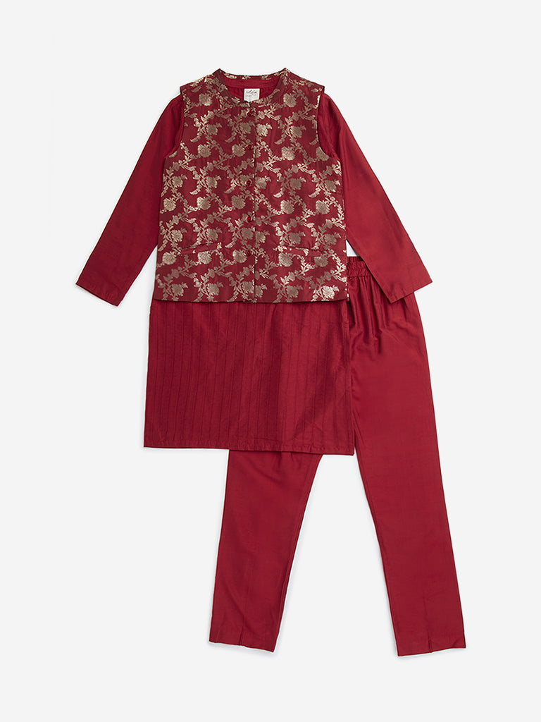 Utsa Kids Red Floral Design Jacket, Kurta and Pants Set - (8 -14yrs)