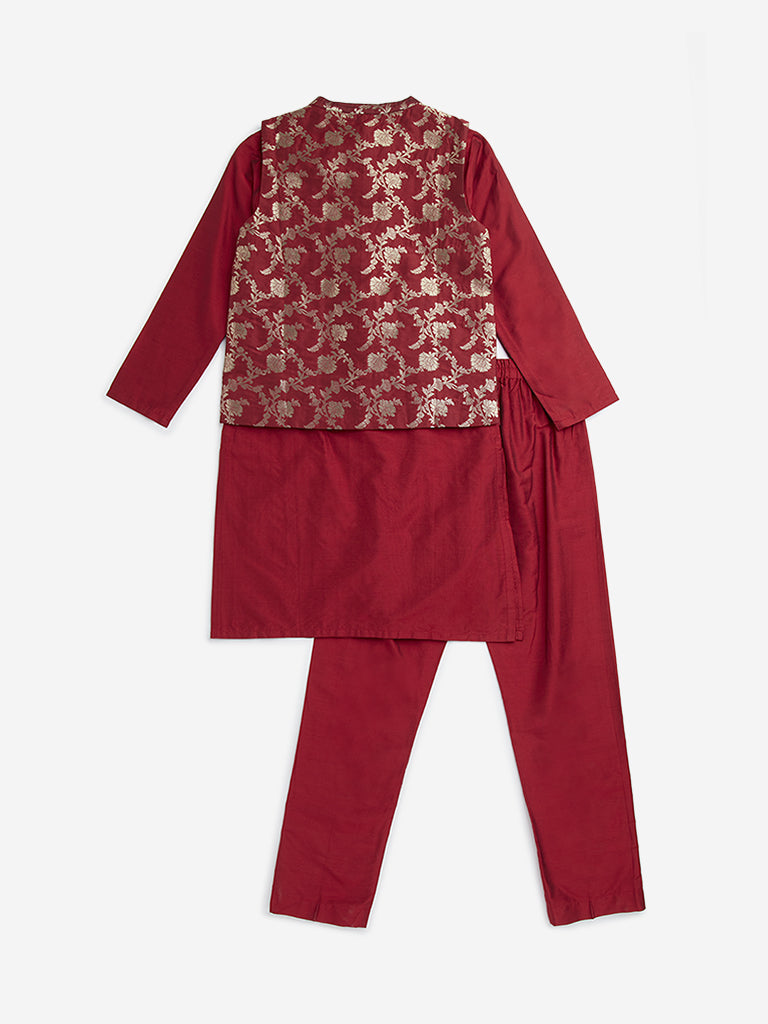 Utsa Kids Red Floral Design Jacket, Kurta and Pants Set - (8 -14yrs)