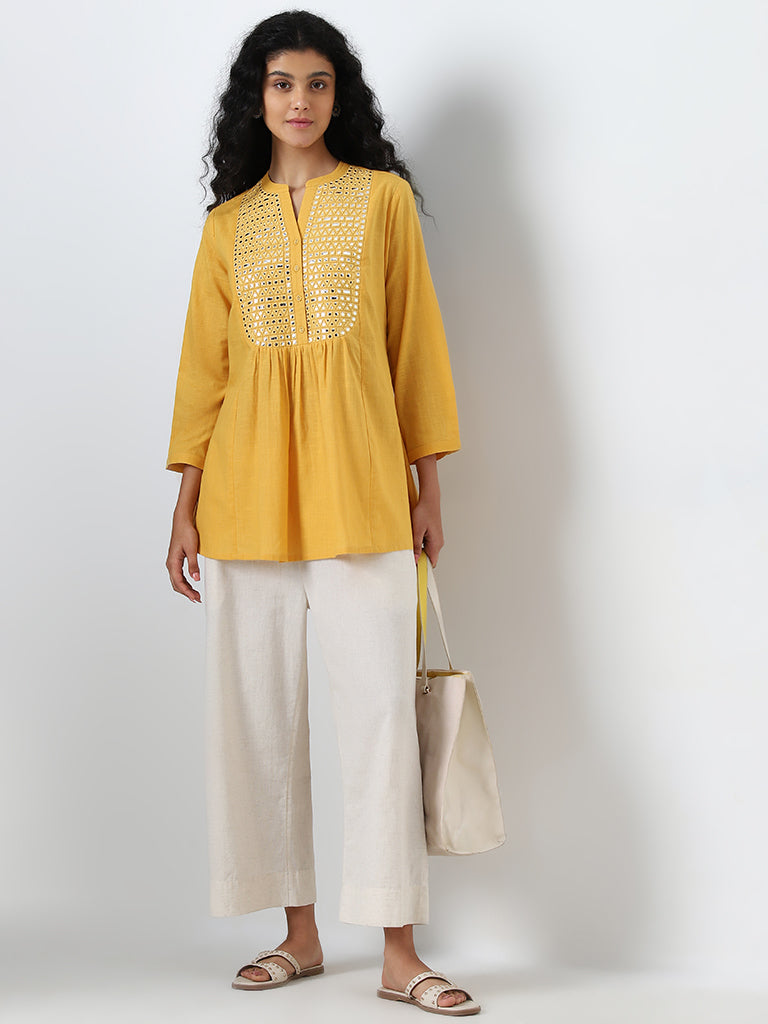 Utsa Yellow Mirror Embellished A-Line Kurti