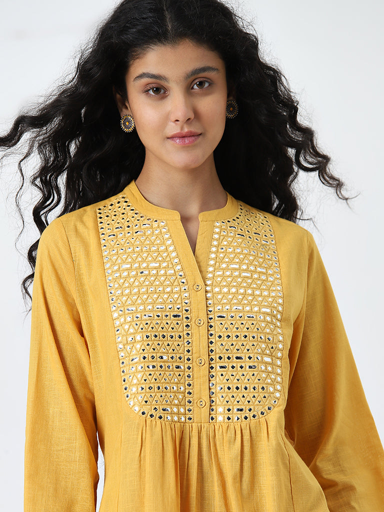 Utsa Yellow Mirror Embellished A-Line Kurti