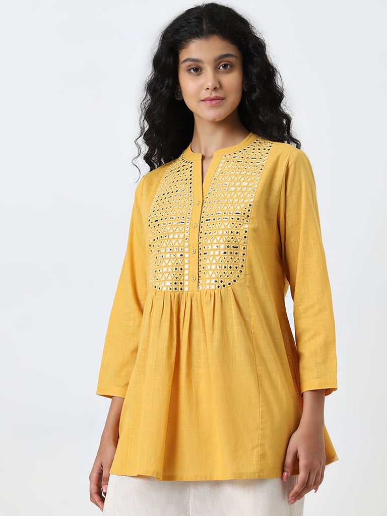 Utsa Yellow Mirror Embellished A-Line Kurti