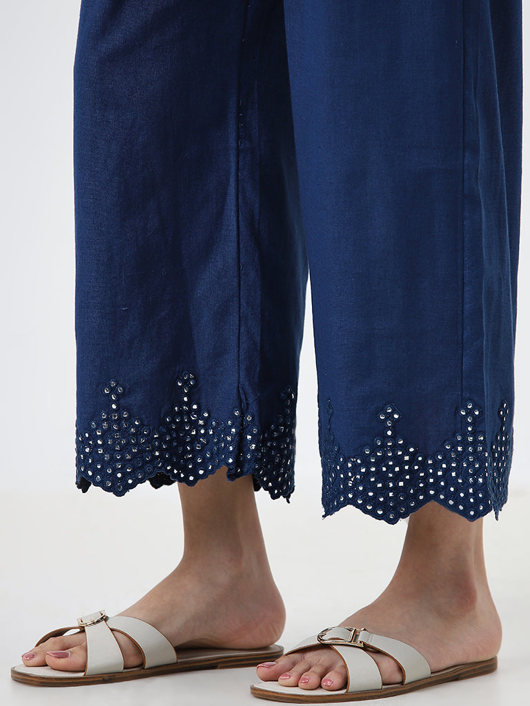 Utsa Dark Blue Embellished High-Rise Cotton Palazzos