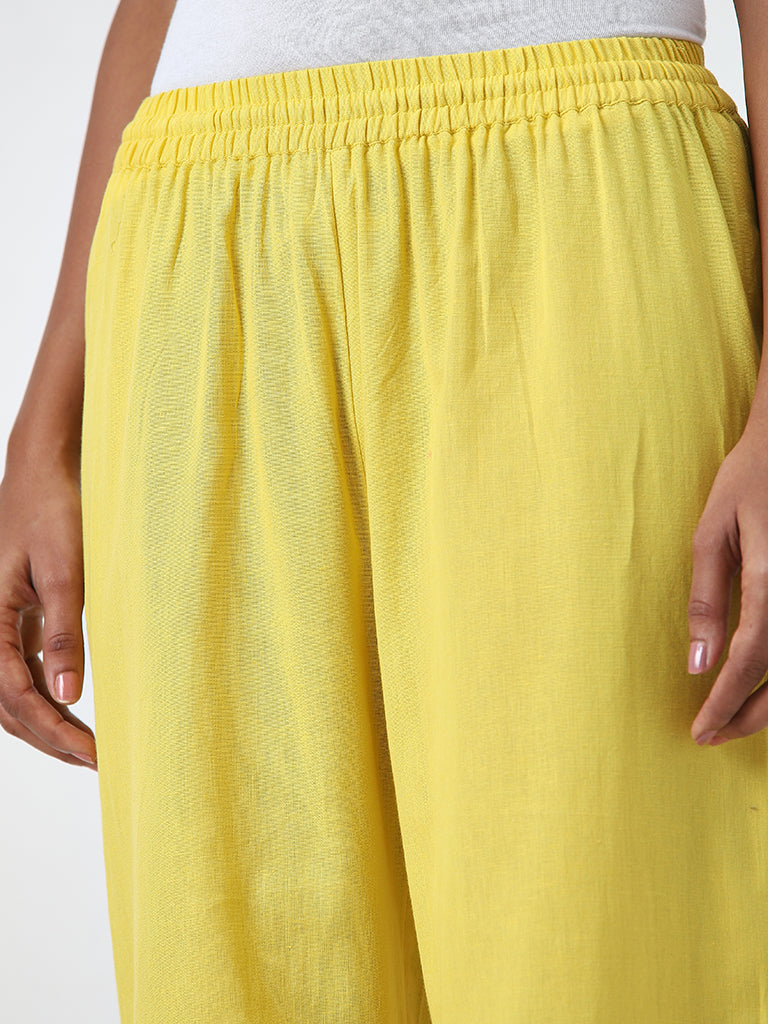 Utsa Yellow Mirror Work High-Rise Cotton Blend Pants