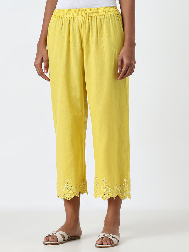 Utsa Yellow Mirror Work High-Rise Cotton Blend Pants