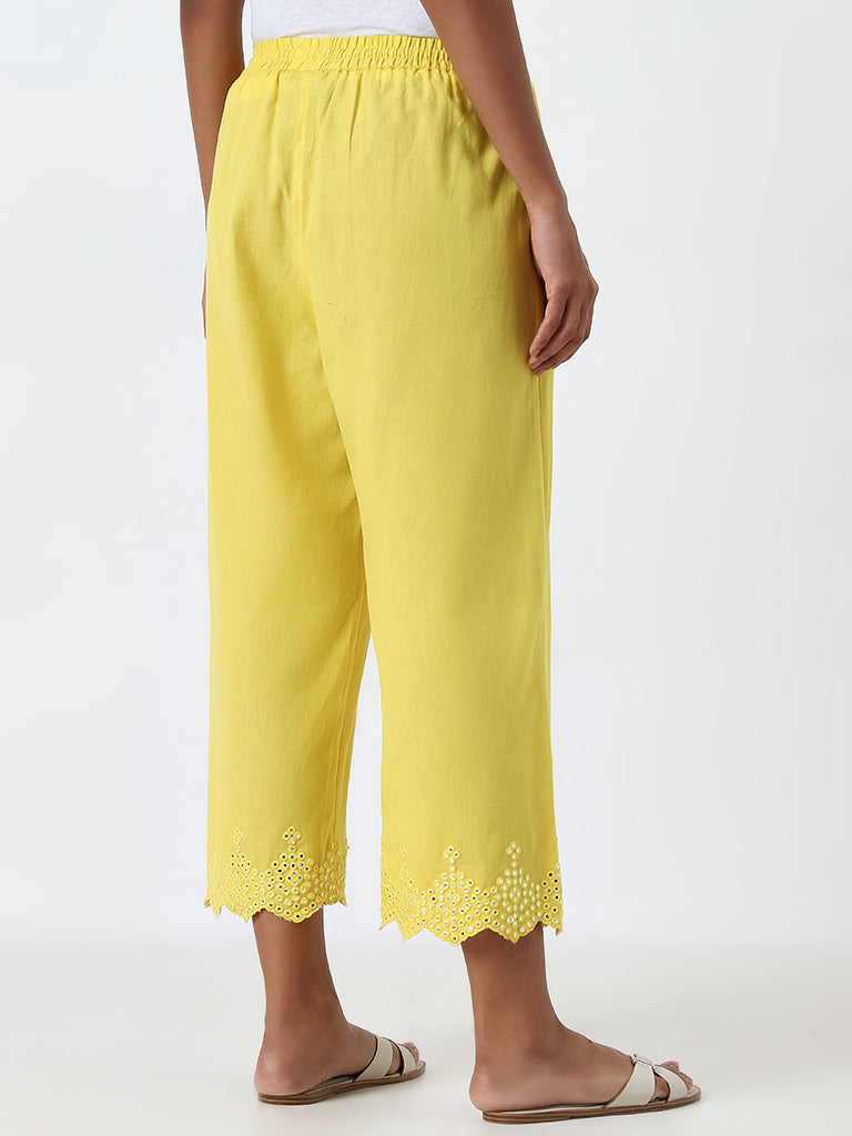 Utsa Yellow Mirror Work High-Rise Cotton Blend Pants