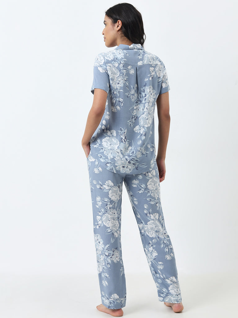 Wunderlove Dusty Blue Floral Shirt & High-Rise Pyjamas Set