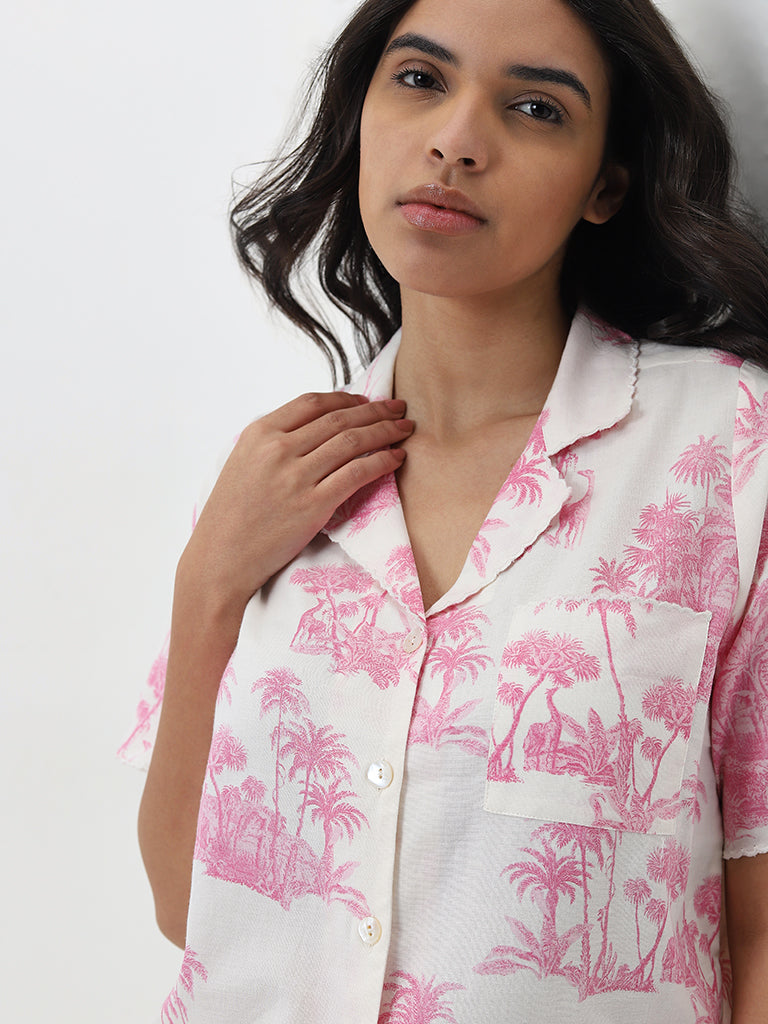 Wunderlove Pink Printed Cotton Shirt with Pyjamas Set