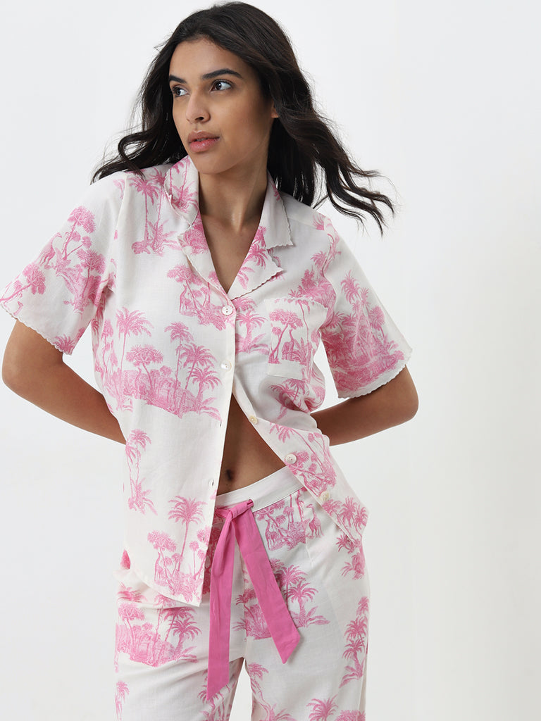 Wunderlove Pink Printed Cotton Shirt with Pyjamas Set