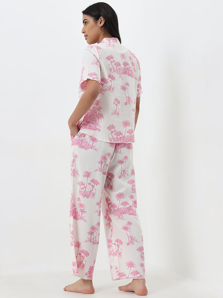 Wunderlove Pink Printed Cotton Shirt with Pyjamas Set