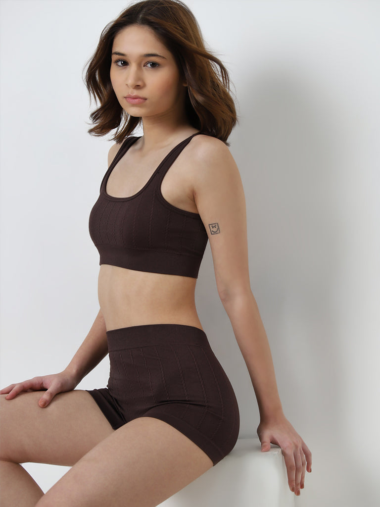 Superstar Brown Ribbed Seam-Free Padded Sports Bra