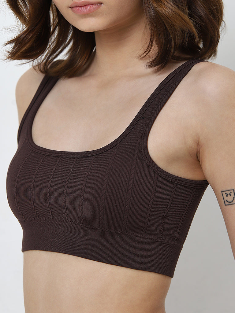 Superstar Brown Ribbed Seam-Free Padded Sports Bra