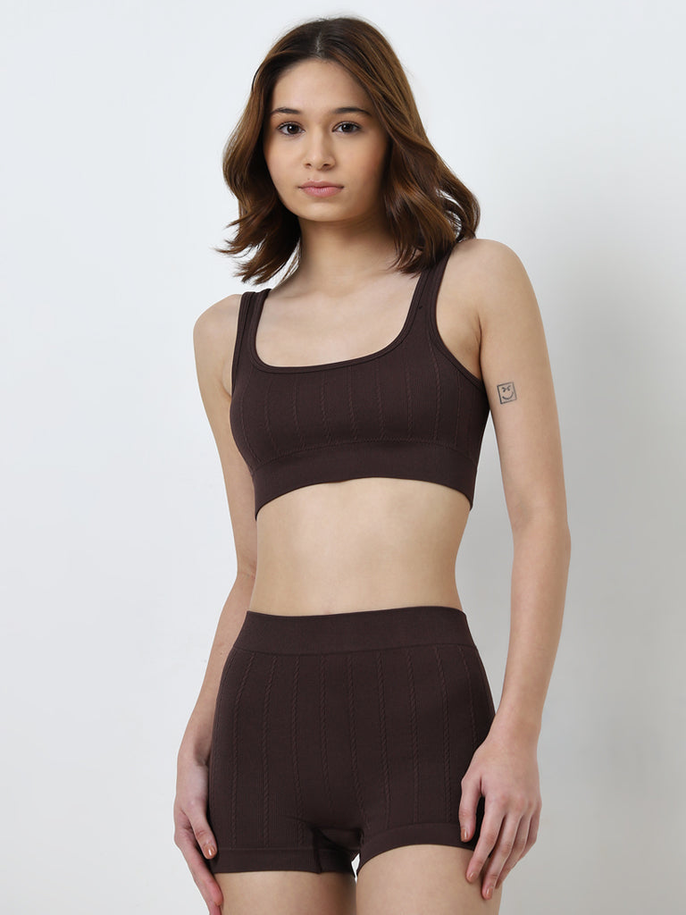 Superstar Brown Ribbed Seam-Free Padded Sports Bra