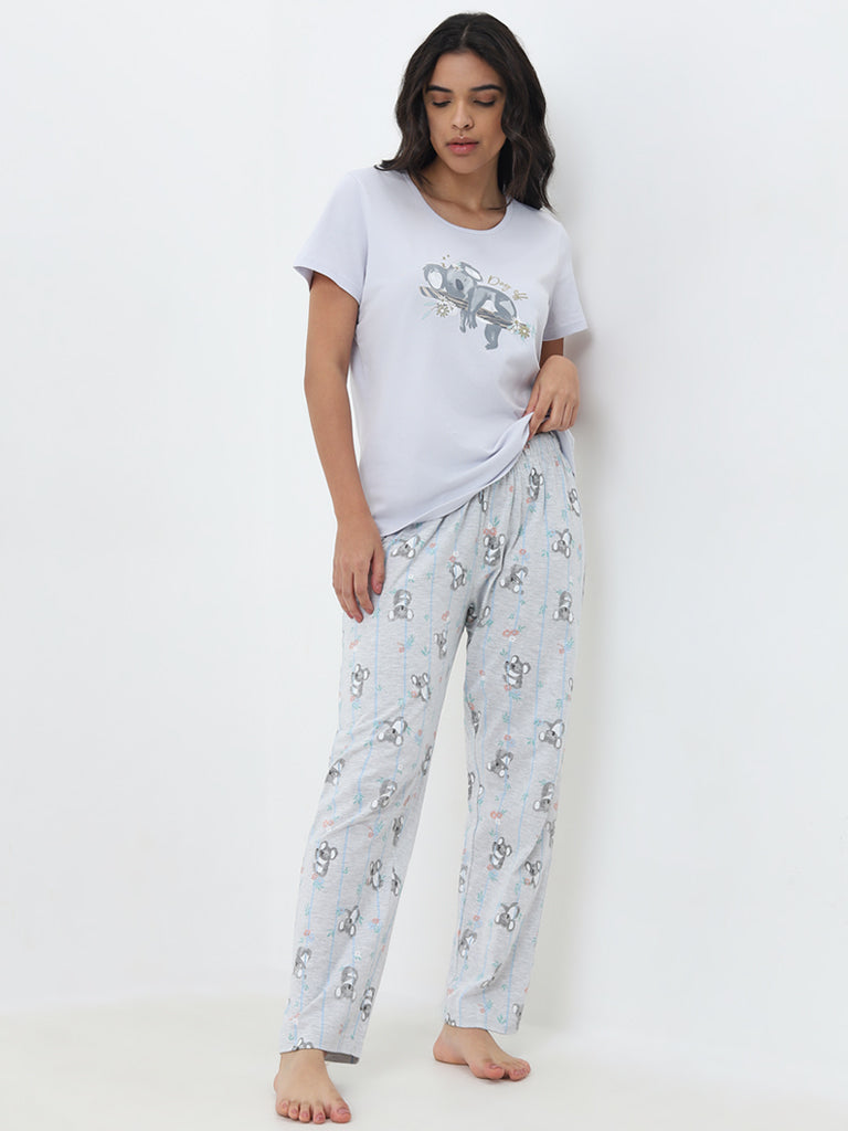 Wunderlove Grey Animal Printed Cotton Pyjamas Set In A Bag