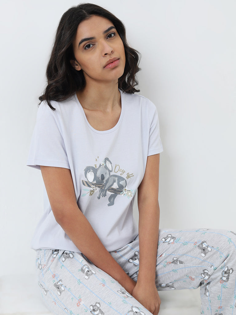 Wunderlove Grey Animal Printed Cotton Pyjamas Set In A Bag