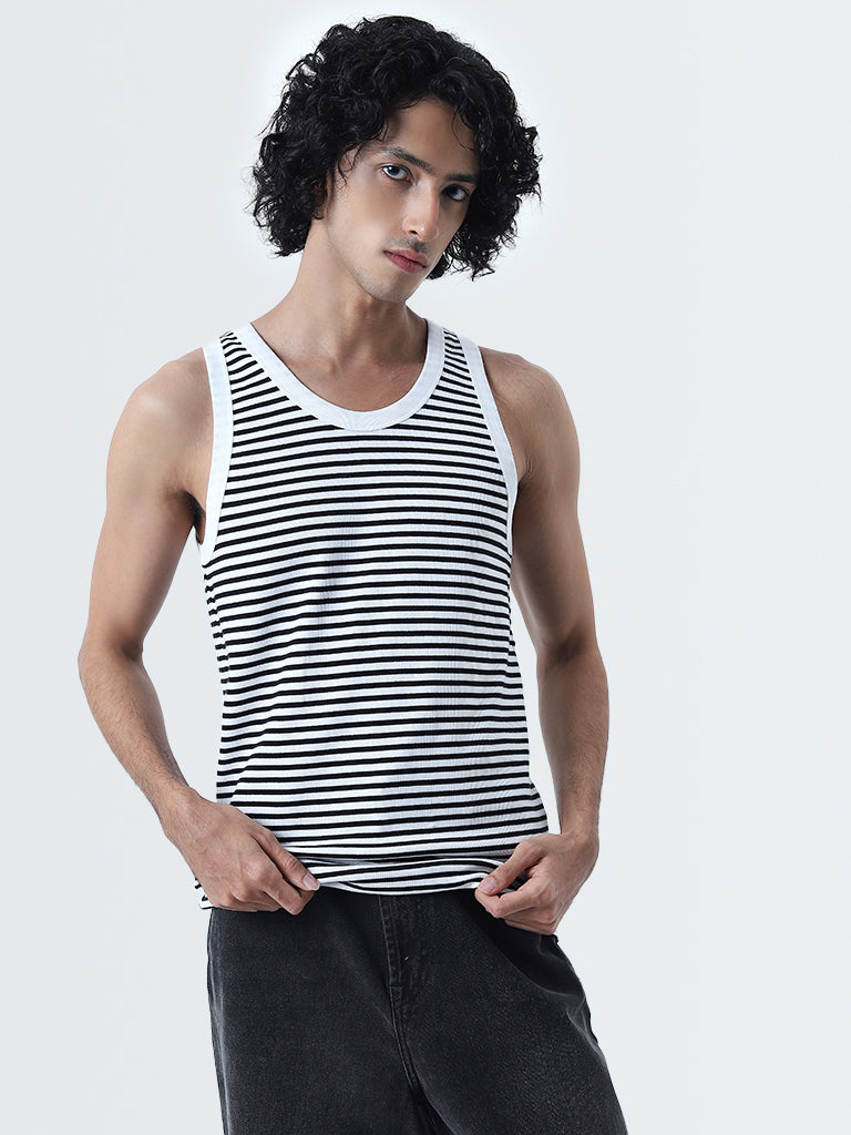 Nuon White & Black Striped Design Slim-Fit Cotton Vest