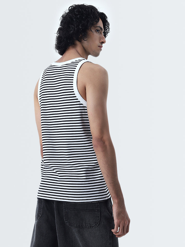 Nuon White & Black Striped Design Slim-Fit Cotton Vest