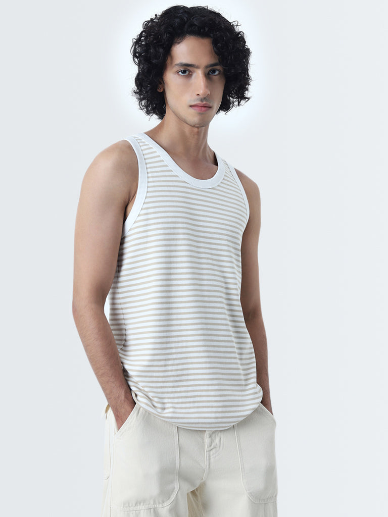 Nuon Beige Striped Slim-Fit Cotton Blend Vest