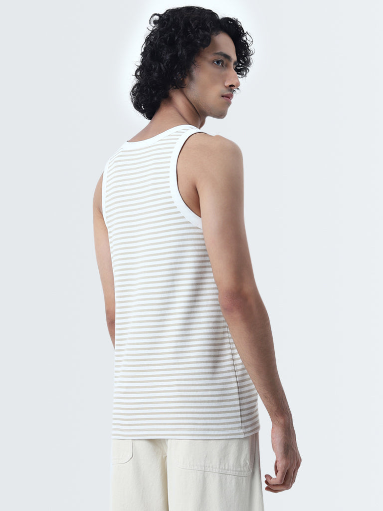 Nuon Beige Striped Slim-Fit Cotton Blend Vest