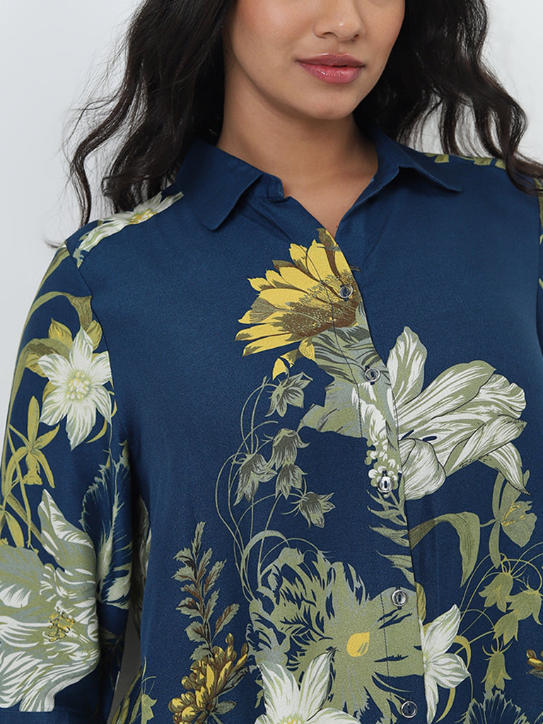 Gia Teal Floral Printed Shirt