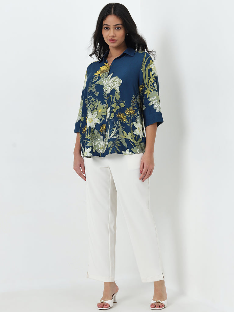 Gia Teal Floral Printed Shirt