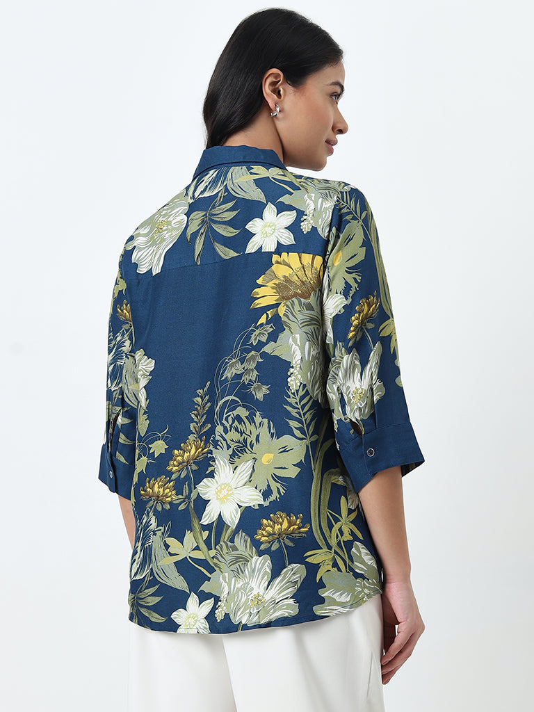 Gia Teal Floral Printed Shirt