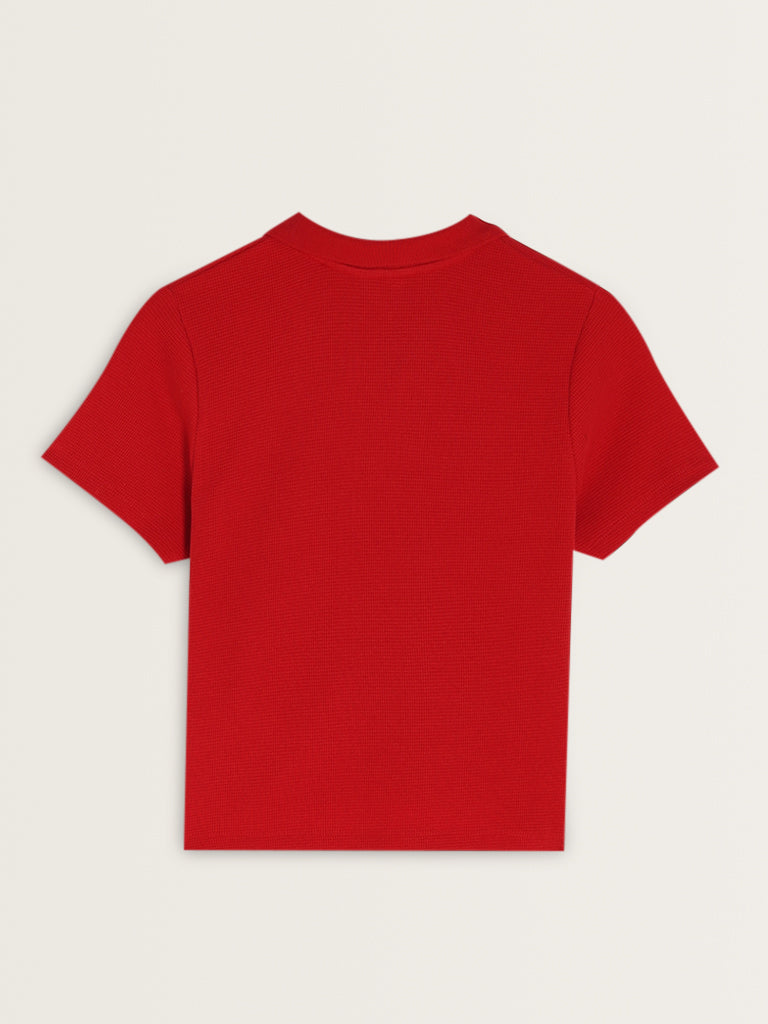 Studiofit Red Waffle Textured Cotton T-Shirt