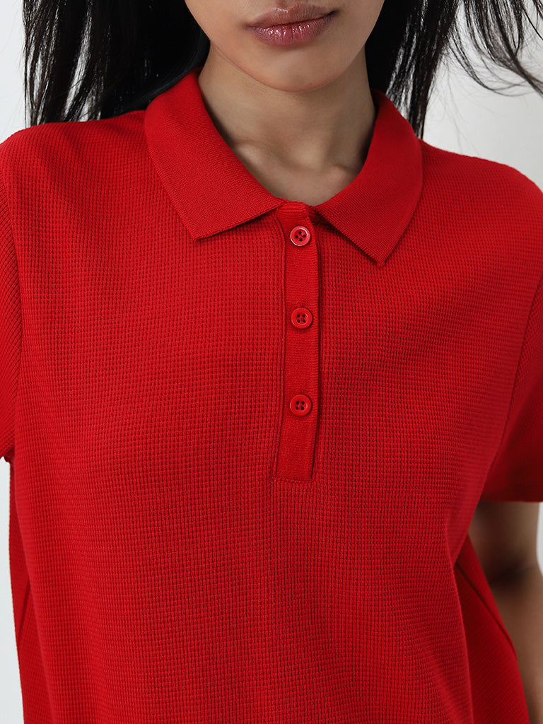 Studiofit Red Waffle Textured Cotton T-Shirt