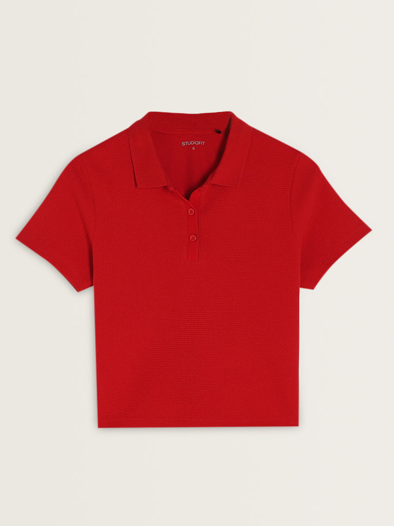 Studiofit Red Waffle Textured Cotton T-Shirt