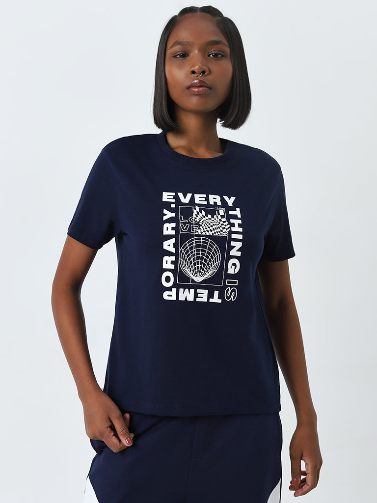 Studiofit Navy Text Design Cotton T-Shirt