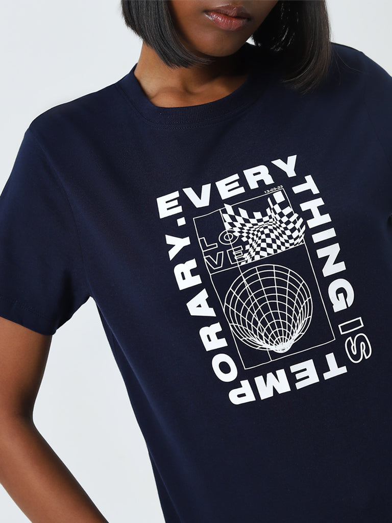 Studiofit Navy Text Design Cotton T-Shirt