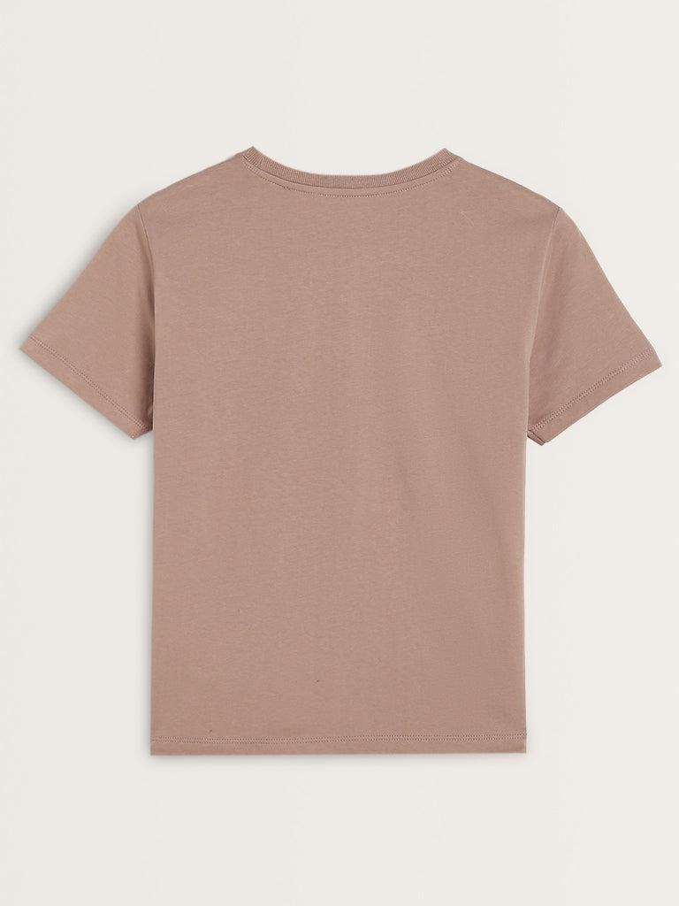 Studiofit Light Mauve Text Printed Cotton T-Shirt