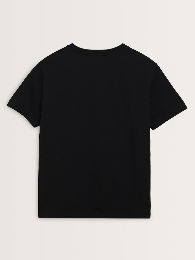 Studiofit Black Text Printed Cotton T-Shirt