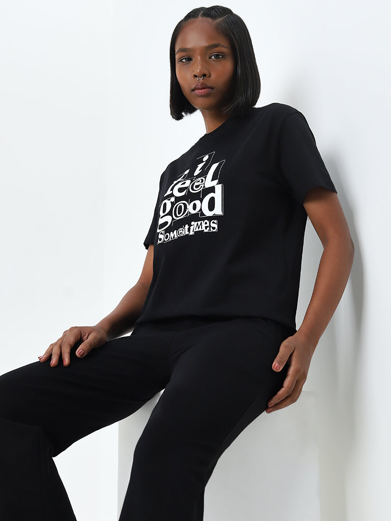 Studiofit Black Text Printed Cotton T-Shirt