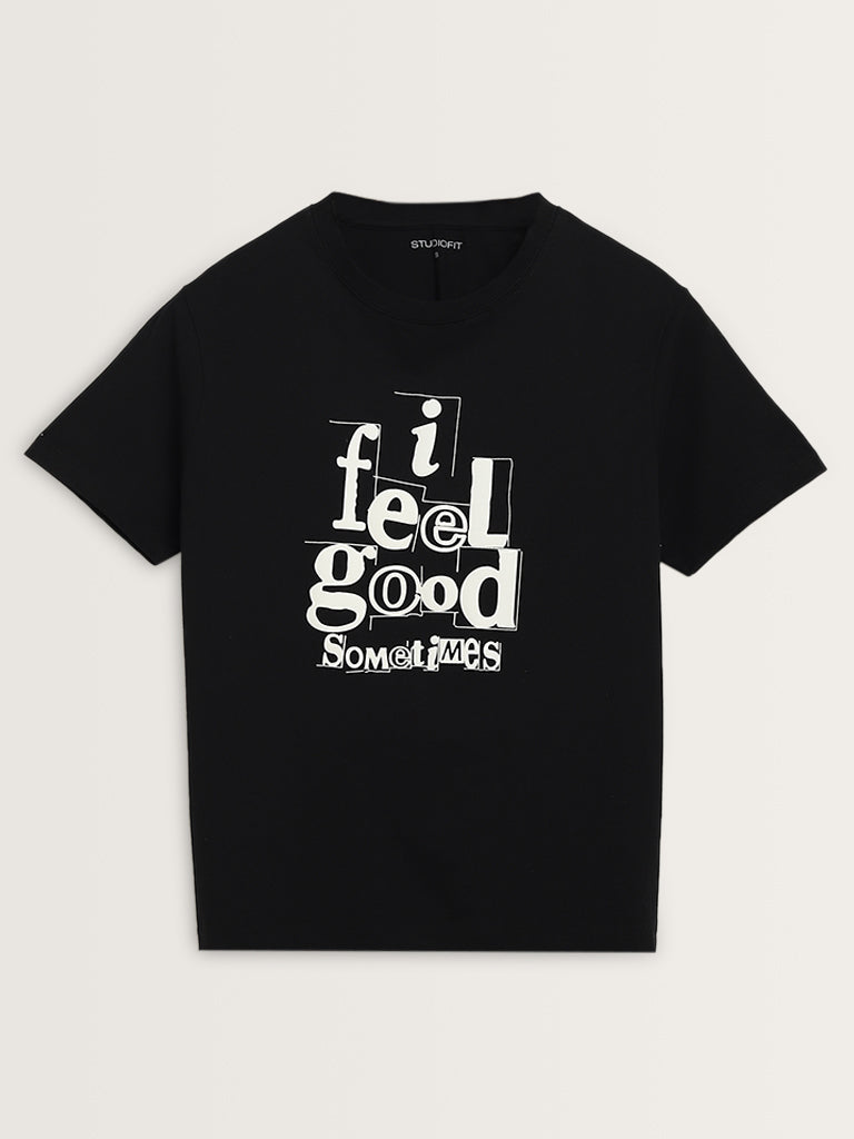 Studiofit Black Text Printed Cotton T-Shirt