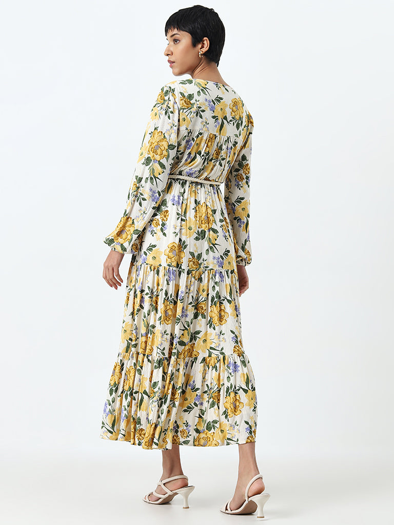 LOV Yellow Floral Printed Tiered Dress with Belt