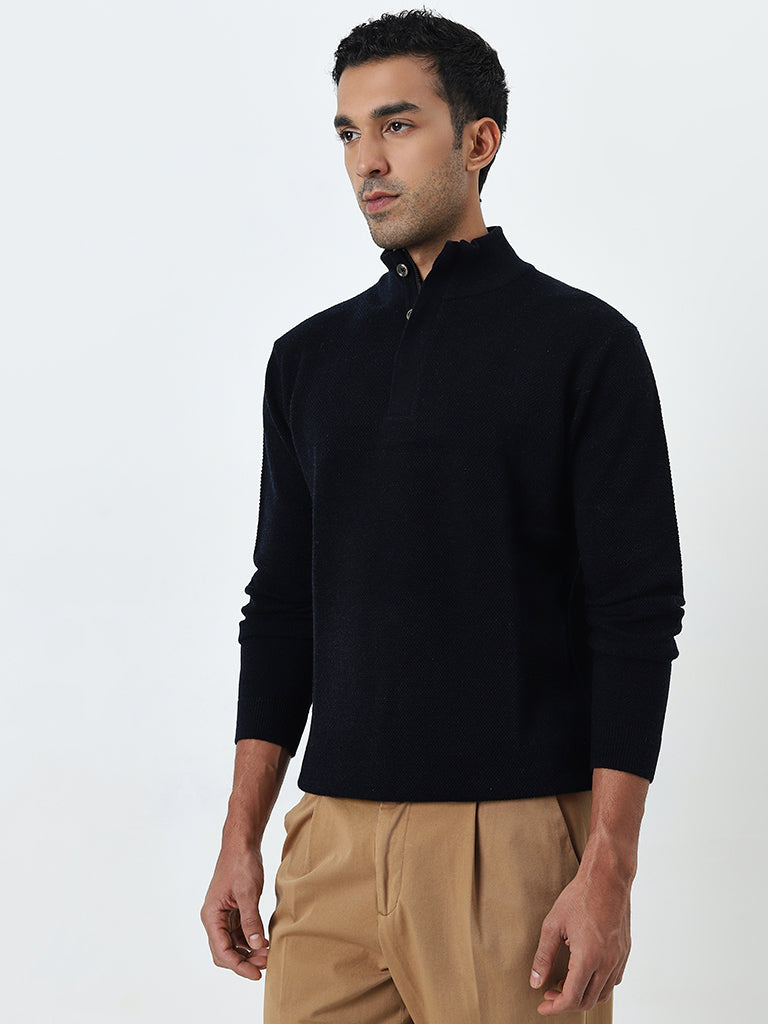 Ascot Navy Knit-Textured Relaxed-Fit Sweater