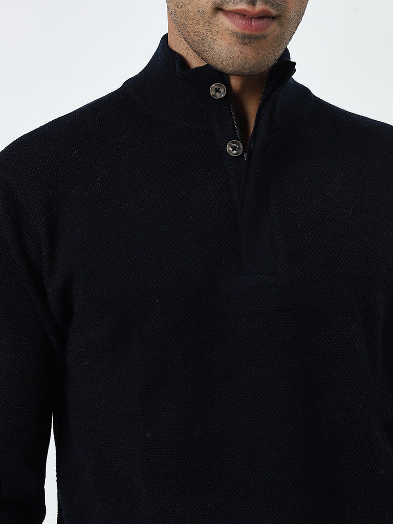 Ascot Navy Knit-Textured Relaxed-Fit Sweater