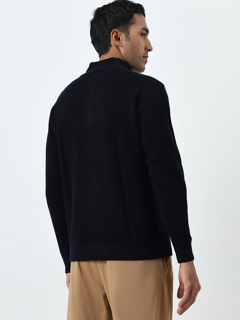 Ascot Navy Knit-Textured Relaxed-Fit Sweater