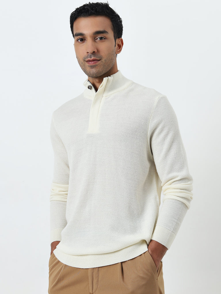 Ascot Off-White Knit-Textured Relaxed-Fit Sweater