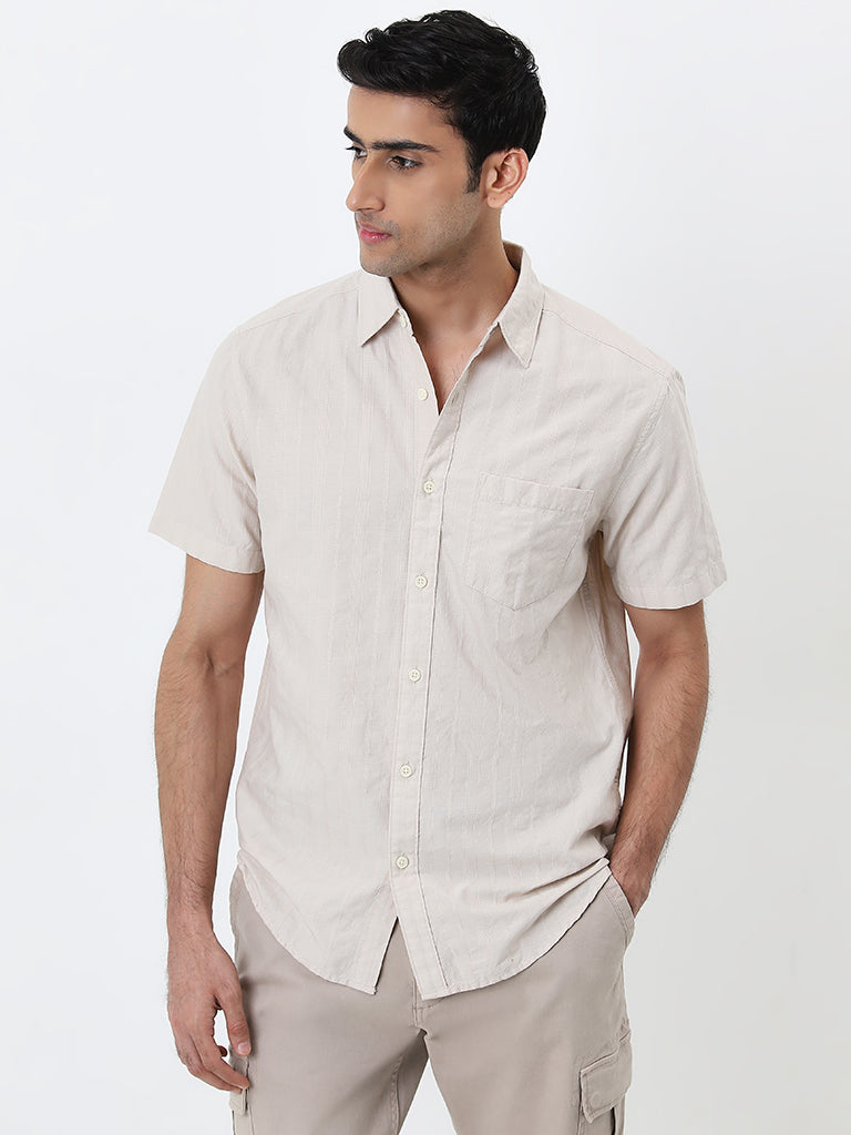 WES Casuals Beige Self-Striped Relaxed-Fit Cotton Shirt