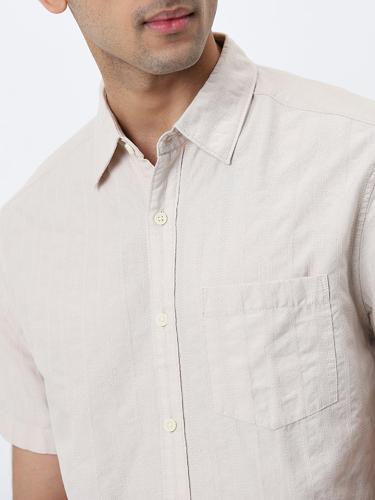 WES Casuals Beige Self-Striped Relaxed-Fit Cotton Shirt