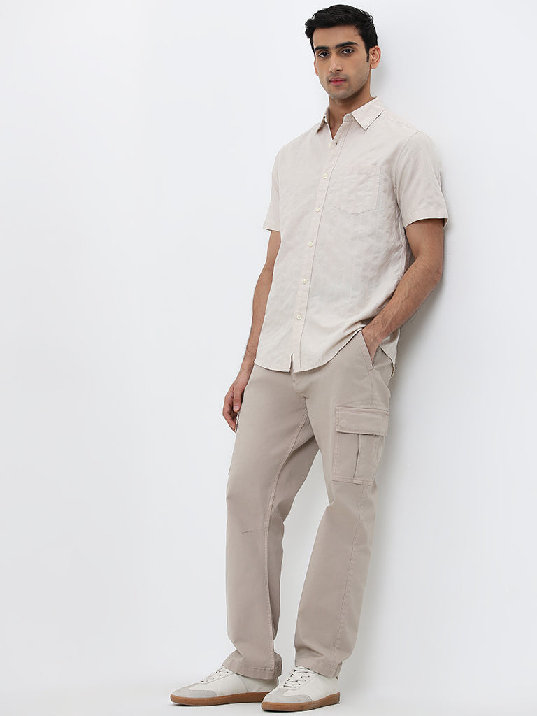 WES Casuals Beige Self-Striped Relaxed-Fit Cotton Shirt