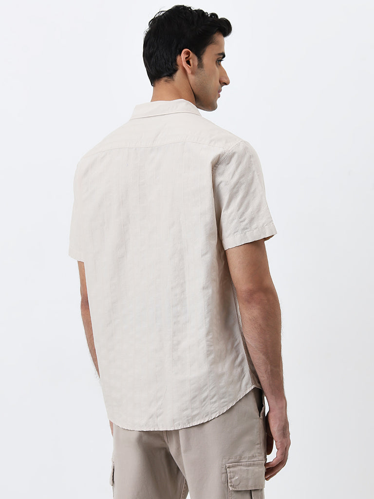 WES Casuals Beige Self-Striped Relaxed-Fit Cotton Shirt