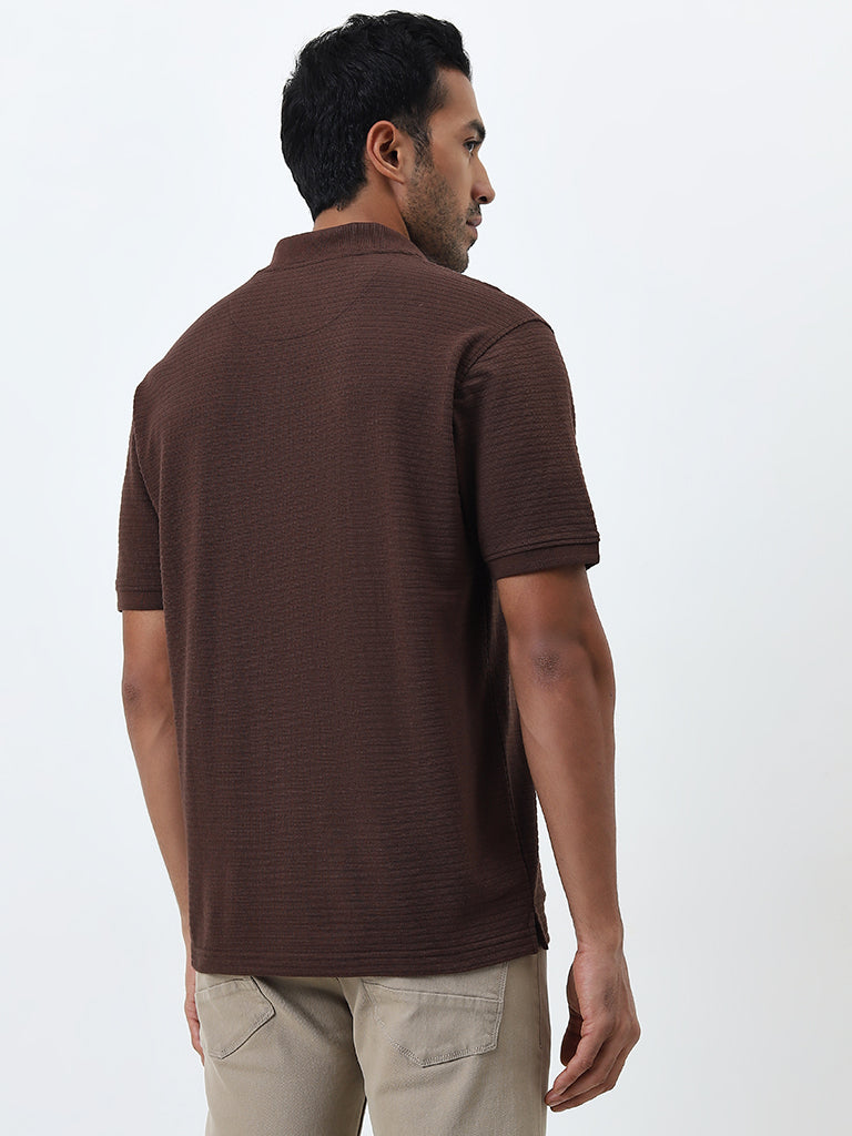 WES Casuals Brown Self-Striped Relaxed-Fit Polo T-Shirt