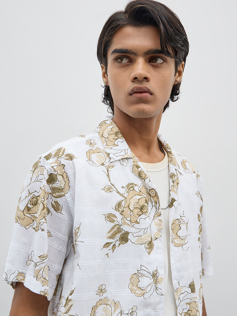 ETA White Floral Printed Relaxed-Fit Cotton Blend Shirt