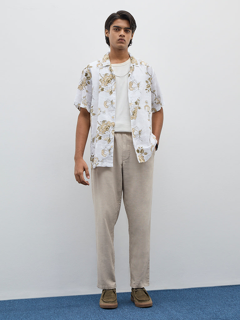 ETA White Floral Printed Relaxed-Fit Cotton Blend Shirt